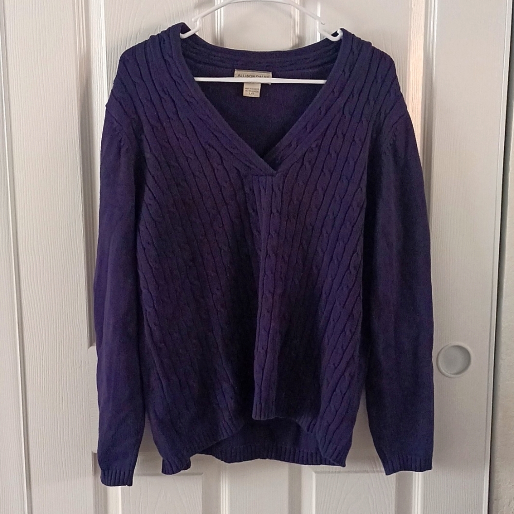 Allison Daley cable size L knit sweater in dark navy blue.